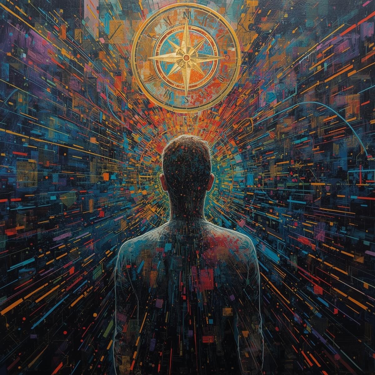 Abstrakte Darstellung digitale Selbstverteidigung: Person inmitten leuchtender Datenströme mit schützendem Kompass als Symbol für Orientierung im digitalen Raum.