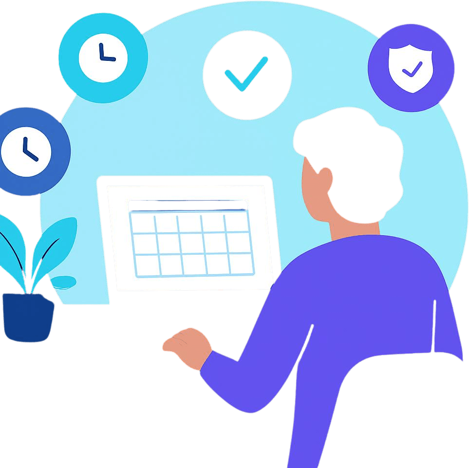 Digitale Selbstverteidigung: Person am Laptop mit Kalenderansicht, umgeben von schwebenden Icons für Reset-Rituale – Uhr, Häkchen, Schild und Blatt.