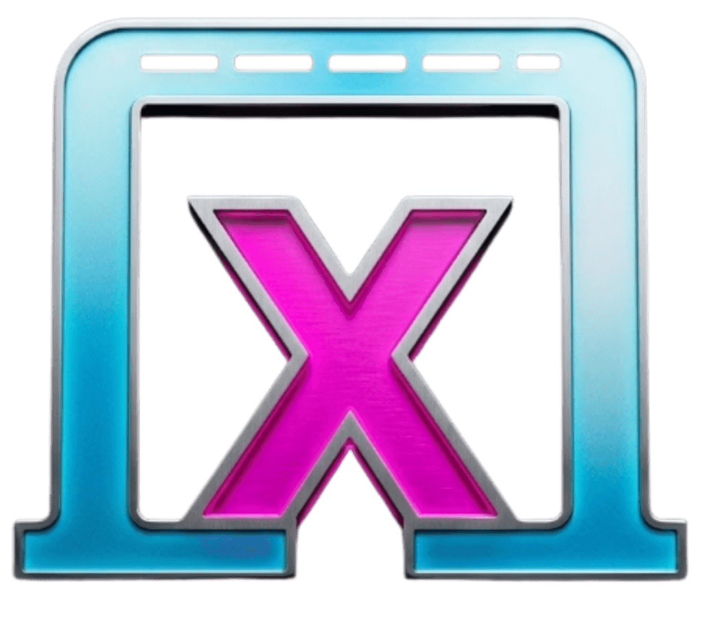 Logo der gamifizierten Lernplattform Module-X. Das Symbol zeigt ein quadratisches, offenes Portal in einem fließenden Blau- und Cyan-Verlauf mit angedeuteten Kontrollsegmenten an der Oberseite. Im Zentrum des Portals steht ein geometrisches, intensiv in Vibrant Magenta neon-artig leuchtendes X. Der Hintergrund ist tiefschwarz.