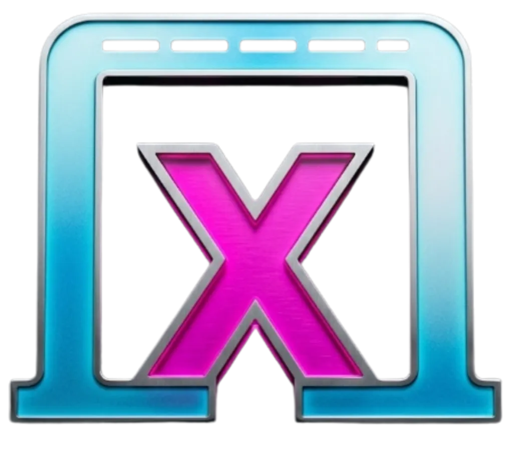 Logo der gamifizierten Lernplattform Module-X. Das Symbol zeigt ein quadratisches, offenes Portal in einem fließenden Blau- und Cyan-Verlauf mit angedeuteten Kontrollsegmenten an der Oberseite. Im Zentrum des Portals steht ein geometrisches, intensiv in Vibrant Magenta neon-artig leuchtendes X. Der Hintergrund ist tiefschwarz.
